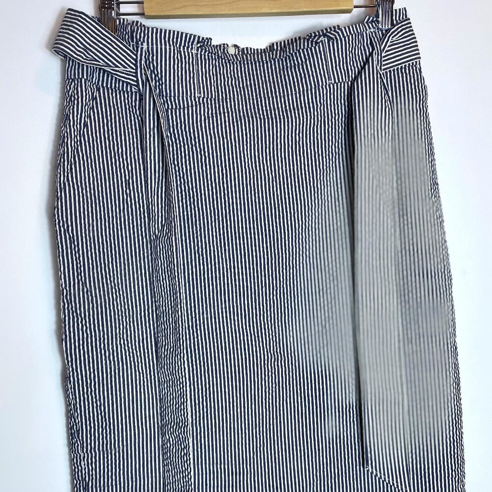 Ann Taylor Blue White Striped Seersucker Tie Waist Straight Pencil Skirt 12
